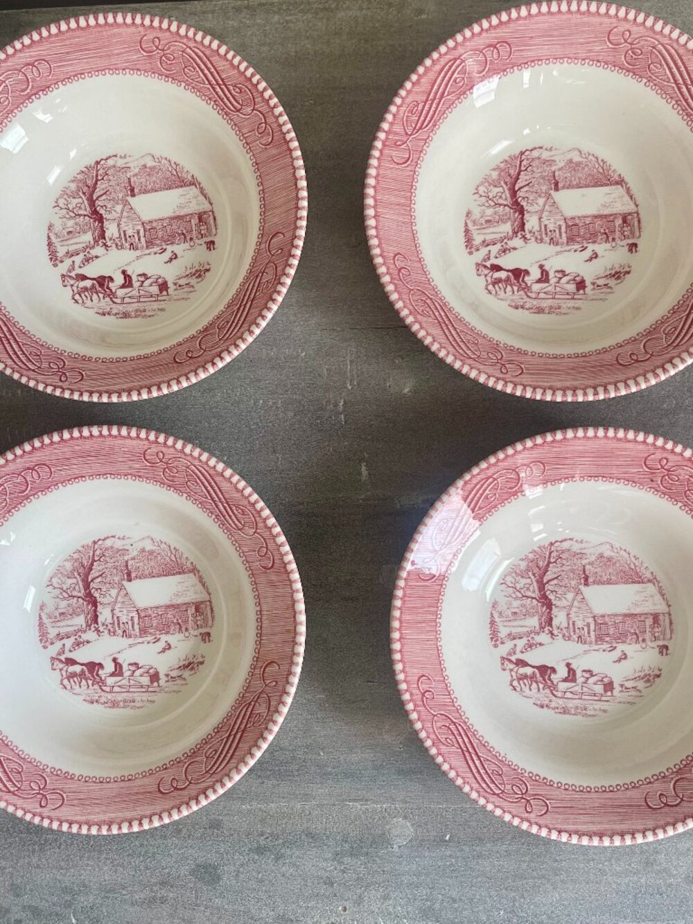 Pink Royal China Currier and Ives Berry or Fruit Bowls (set of 4)